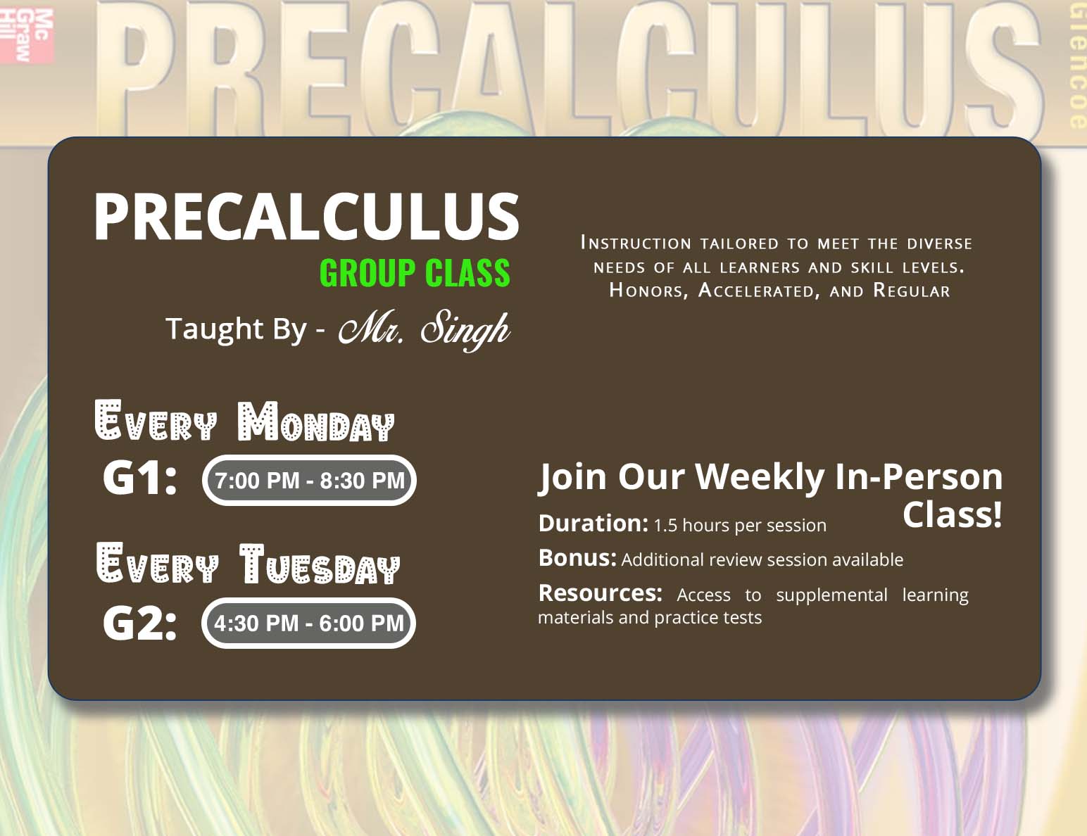 Pre Calculus tutoring and extra help